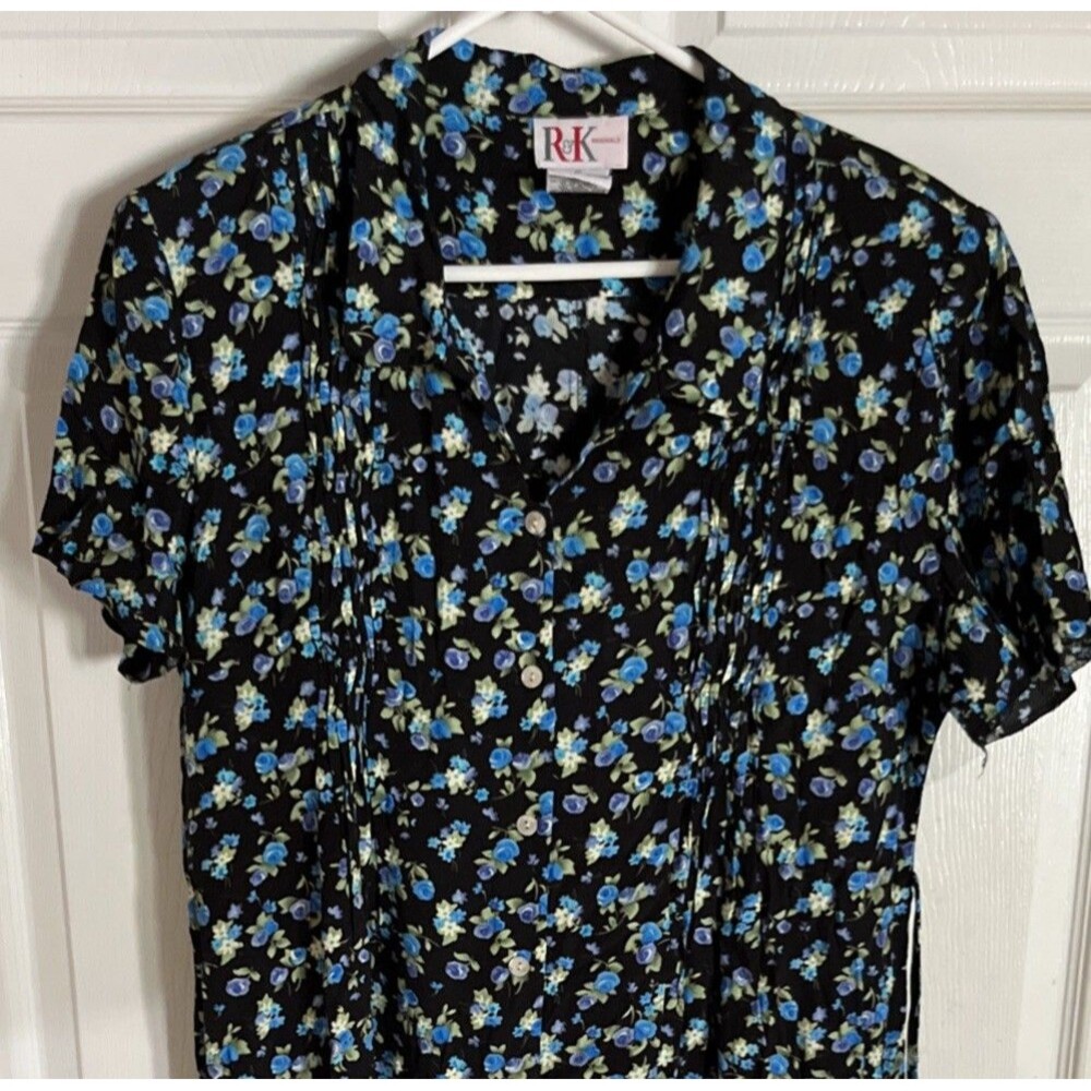 R&K Women's Black Floral Maxi Midi Dress Size 16 Blue Roses Short Sleeve Collar - Picture 2 of 7